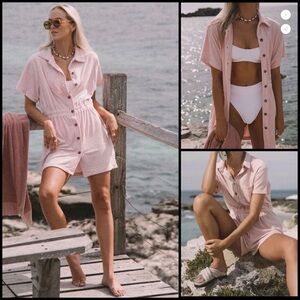 Araminta James Terry Toweling Blush Pink Button-Up Swim Mini Dress Cover-Up M